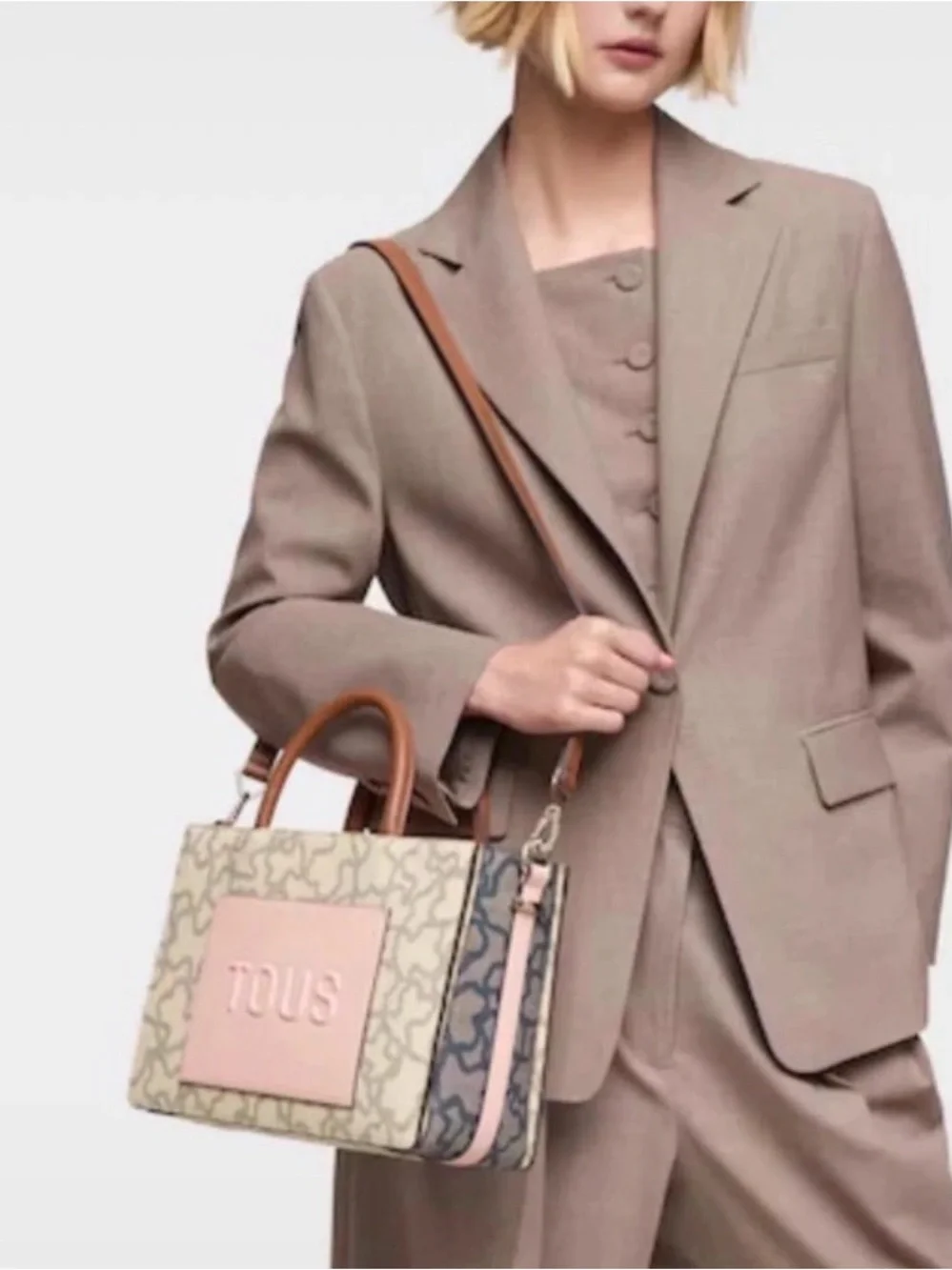 TOUS Pink and Cream Canvas Tote with Brown Leather Handles
